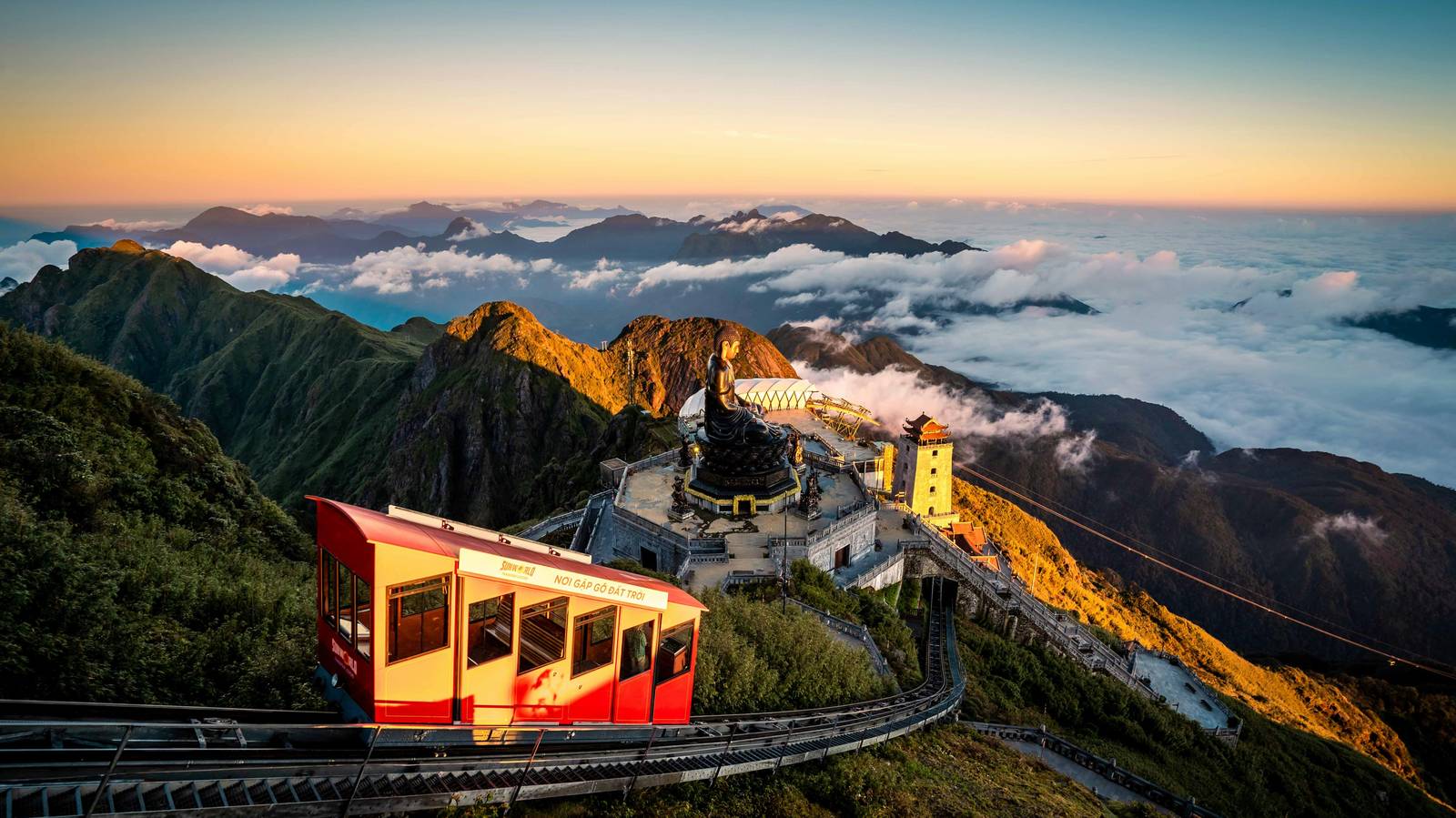 The Fansipan mountain railway climbing above a sea of clouds in Sa Pa